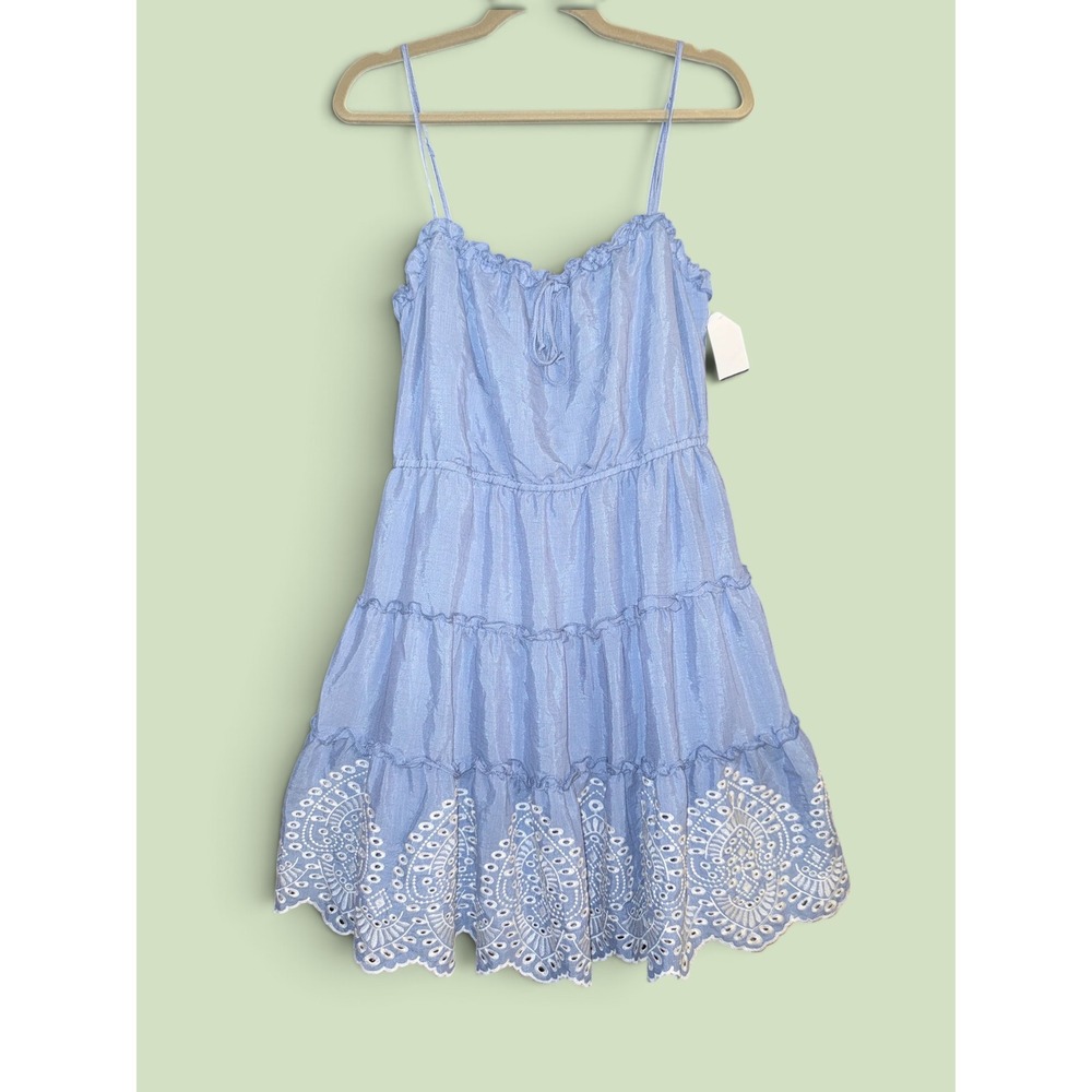 Lily Rose Womens Blue Tiered Mini Dress Eyelet Lace Hem Ruffle Neck Size L NWT